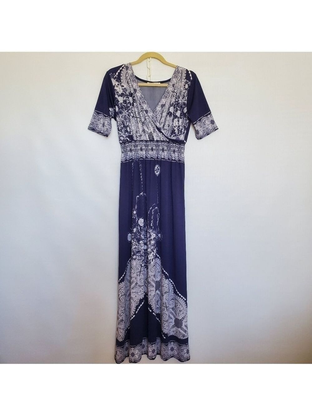 LAPOGEE MAXI DRESS FLORAL PAISLEY LIGHT-WEIGHT SOFT WHITE NAVY WOMENS ( L )